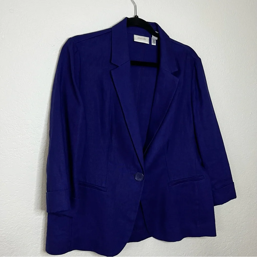 Chico’s Blazer Jacket Size 1 Medium 8‎ Blue Purple 100% Linen Jacket 3/4 Sleeve
